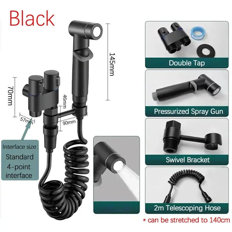 Handheld sink spray gun in black with 304 stainless steel nozzle, coiled hose, and swivel bracket