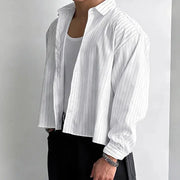 Men's white striped long-sleeve shirt cardigan with lapel, loose fit.