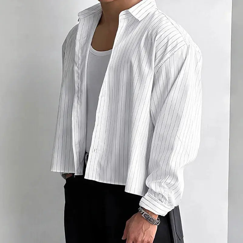 Men's white striped long-sleeve shirt cardigan with lapel, loose fit.
