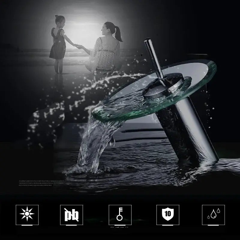 Bathroom faucet by Simples Market, colorful glass waterfall design, chrome deck-mounted single-lever mixer tap.