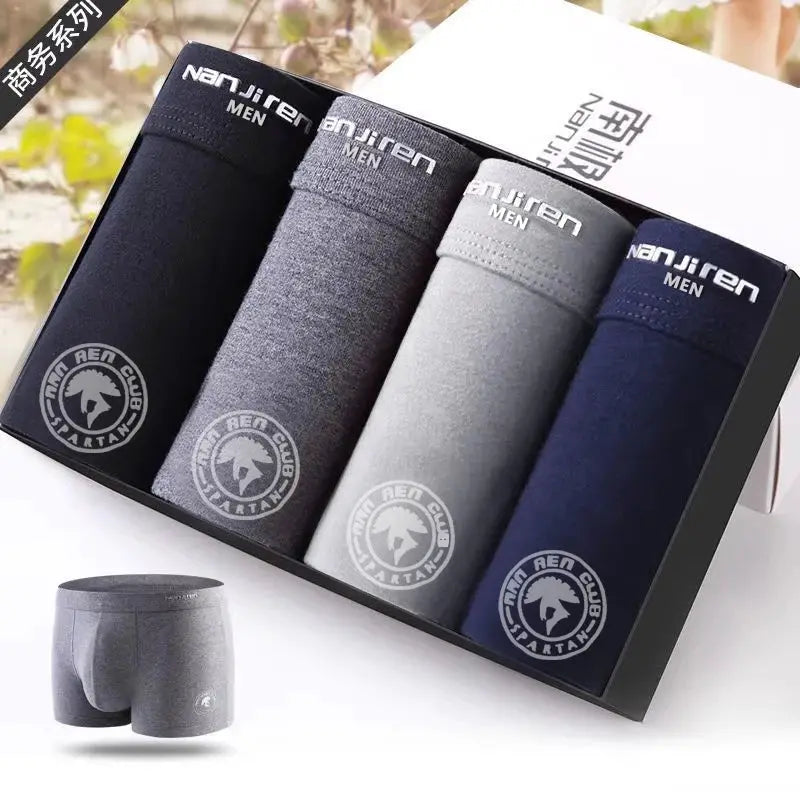 Men's cotton boxer shorts set of 4 in black, charcoal, light gray and navy with Nanjiren waistband