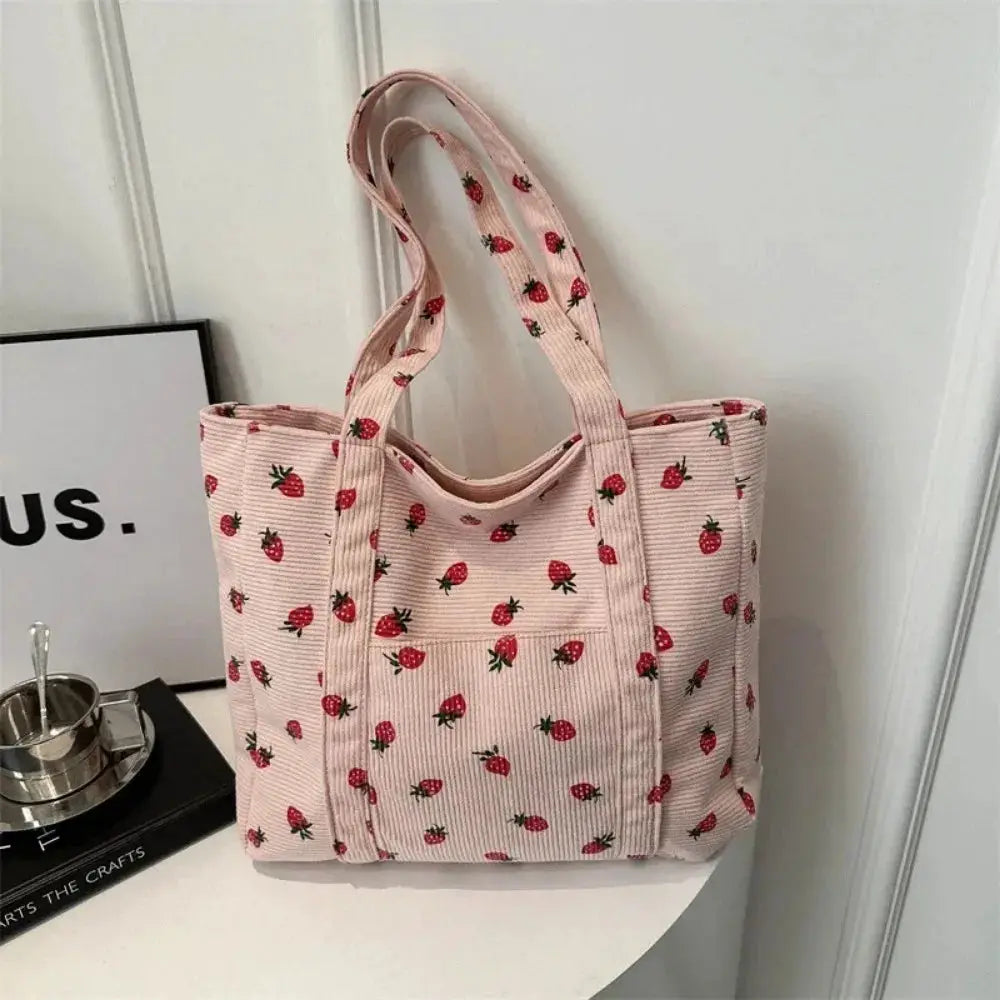 BerryCo Corduroy Strawberry Bucket Tote Bag Durable Canvas Daily Commute Large Capacity
