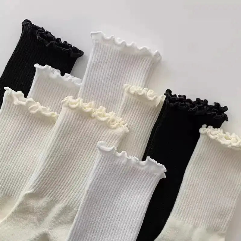Cotton Ruffles Ankle Socks For Women Lolita Kawaii Korean Style Spring Black White 1 3 5 Pairs