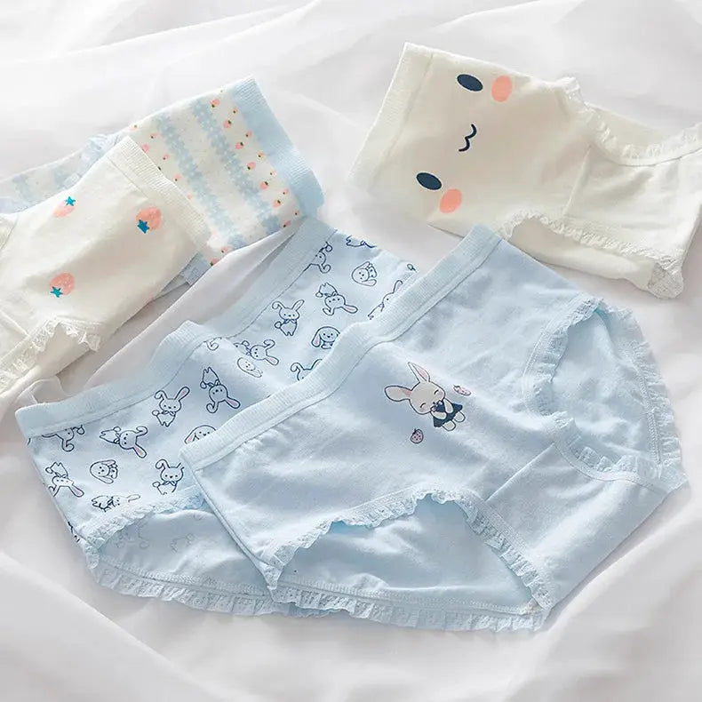 Women's cotton panties 4-piece set by Simples Market; pastel blue and white with lace trim and bunny prints