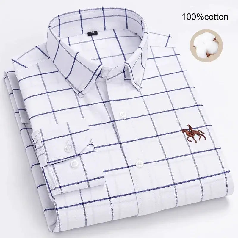 Men's white 100% cotton oxford shirt with blue windowpane check and horse logo