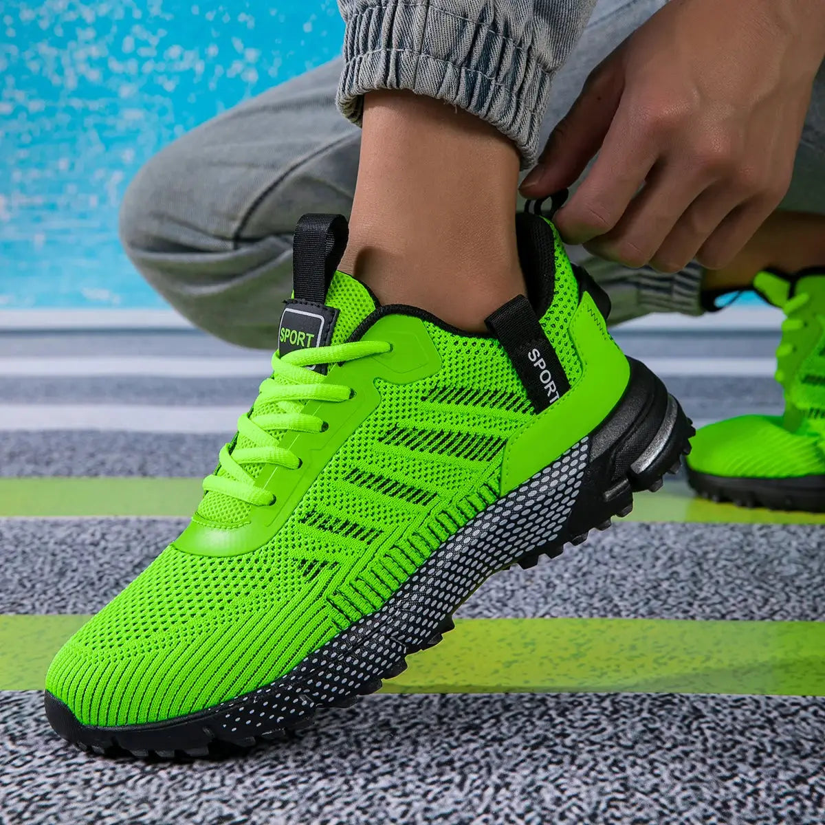 Men's neon-green running shoes, lightweight breathable mesh, lace-up sport sneakers with non-slip sole (2 shoes shown)