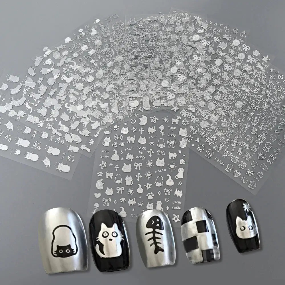 12-sheet Cartoon Black Cat Nail Sticker Set with kawaii cat decals for nails