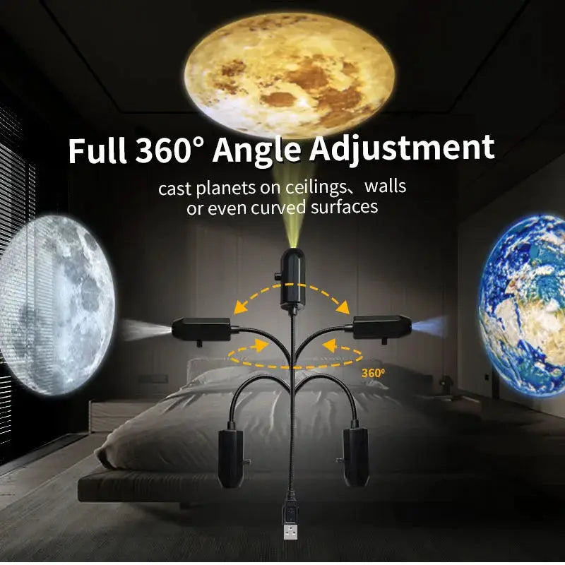 Halloween USB projector lamp with 360° rotating arms projecting moon and Earth celestial patterns
