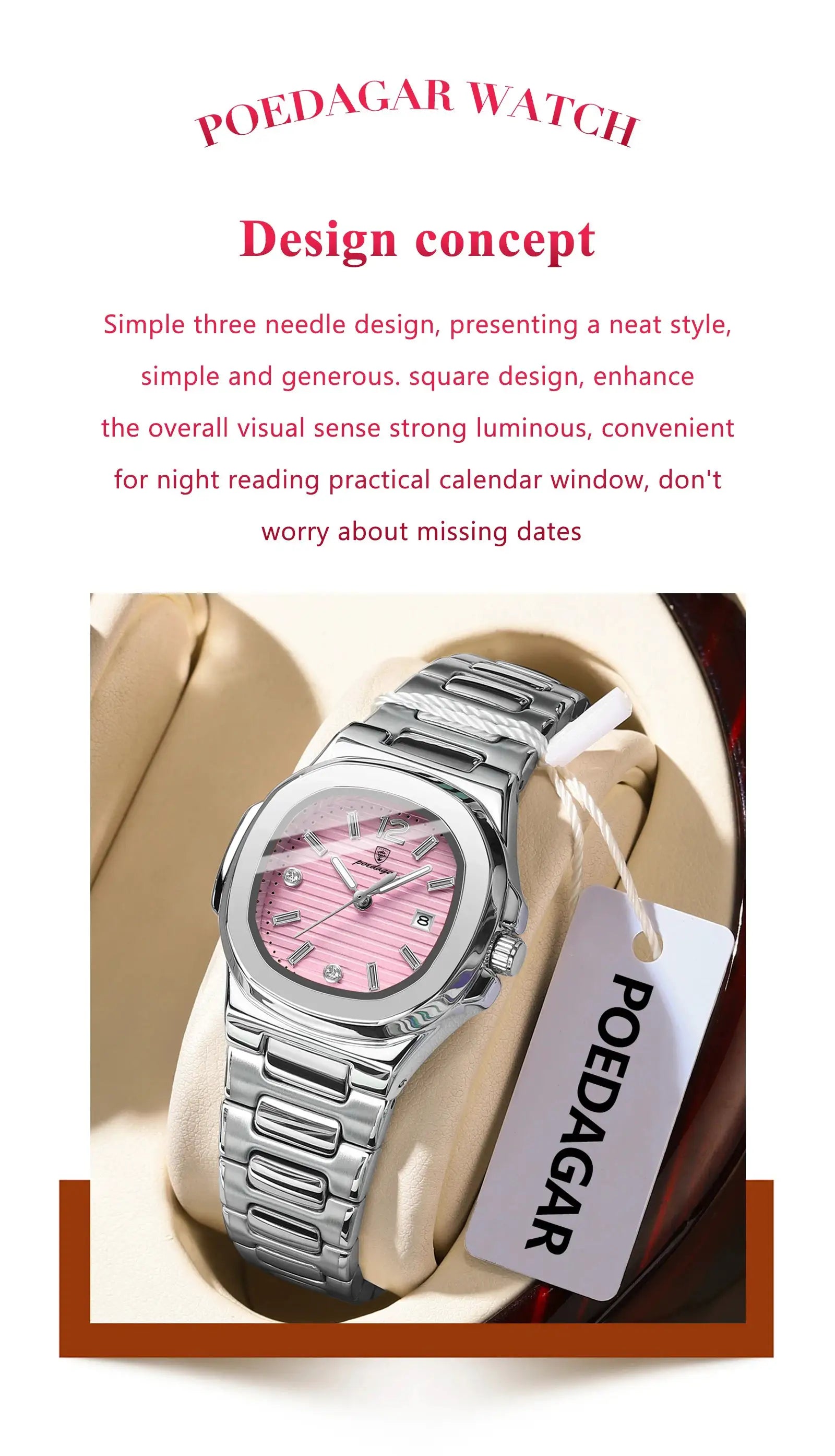 POEDAGAR women's square stainless steel wristwatch with pink dial and date window
