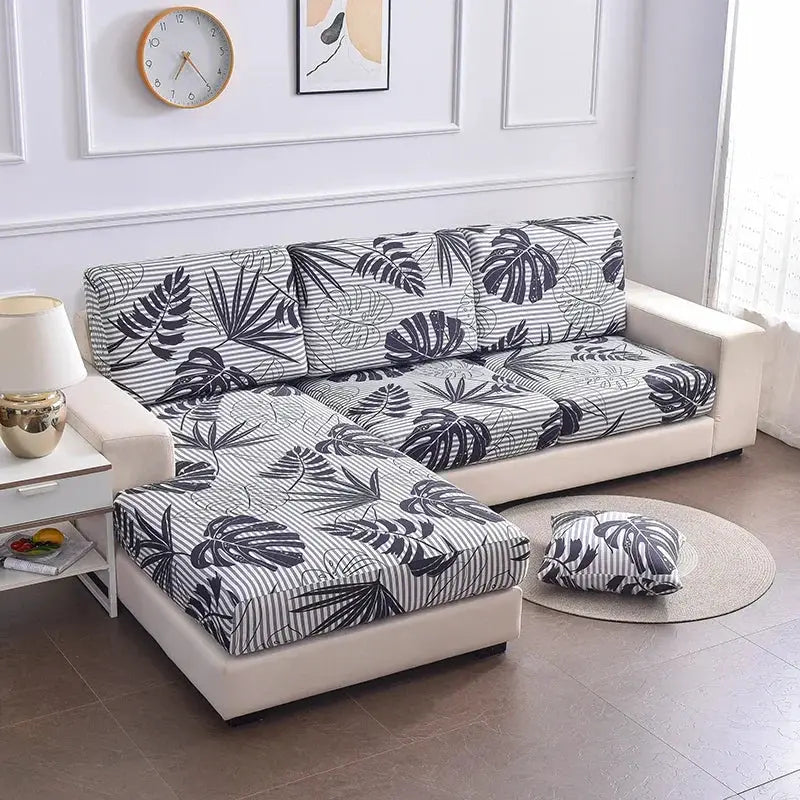 Simples Market elastic seat cushion cover for living room sofa, tropical leaf print on striped gray fabric, washable and removable.