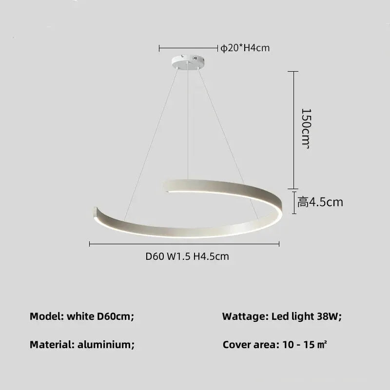 Ring ceiling chandelier, white aluminum LED pendant lamp, 60cm diameter, 38W, modern home lighting.