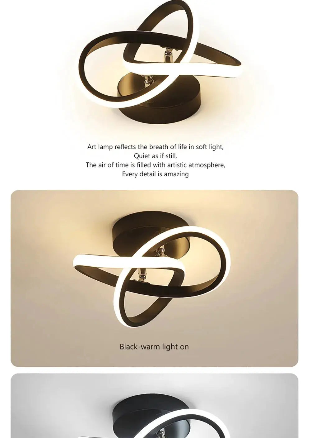 LED strip ceiling light with intertwined circular rings, black finish, warm white LEDs