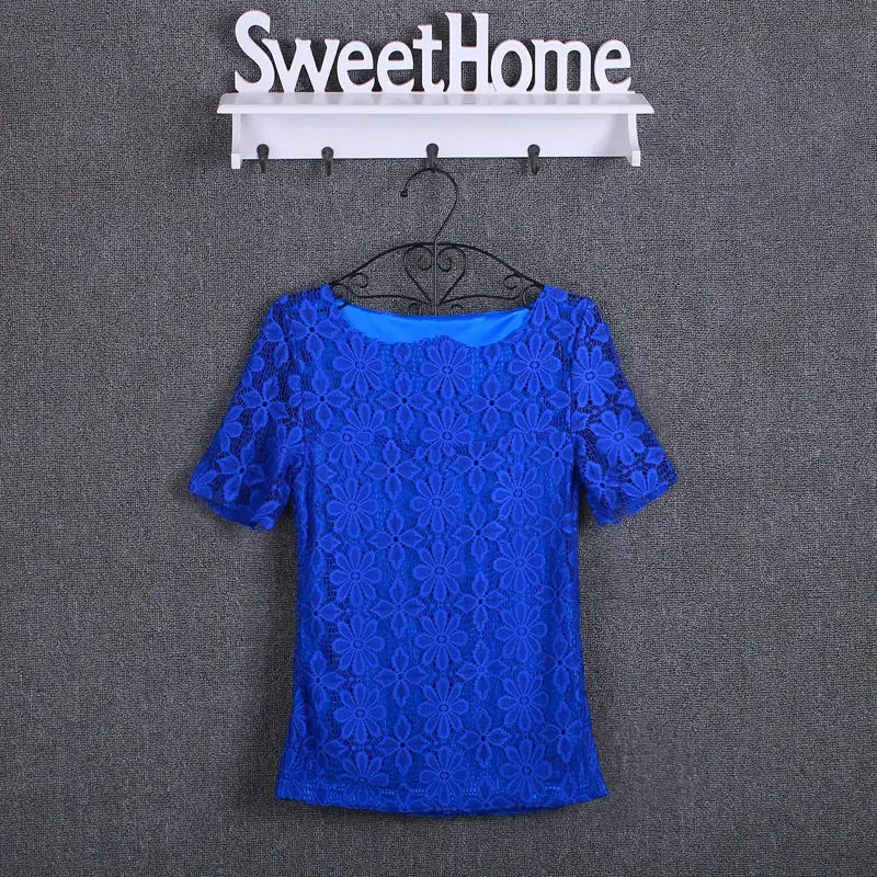 Blue lace women's blouse by SweetHome with floral hollow pattern and short sleeves