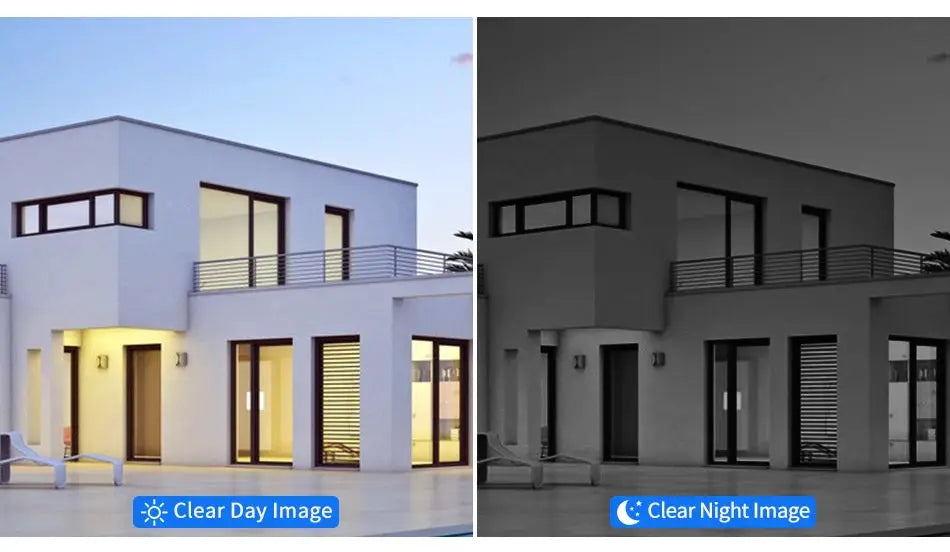 Hiseeu wireless IP camera kit by Simples Market; exterior modern white house daytime and nighttime views
