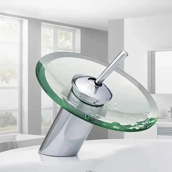Simples Market bathroom faucet with chrome finish, glass disc waterfall spout, deck-mounted single-lever mixer tap.
