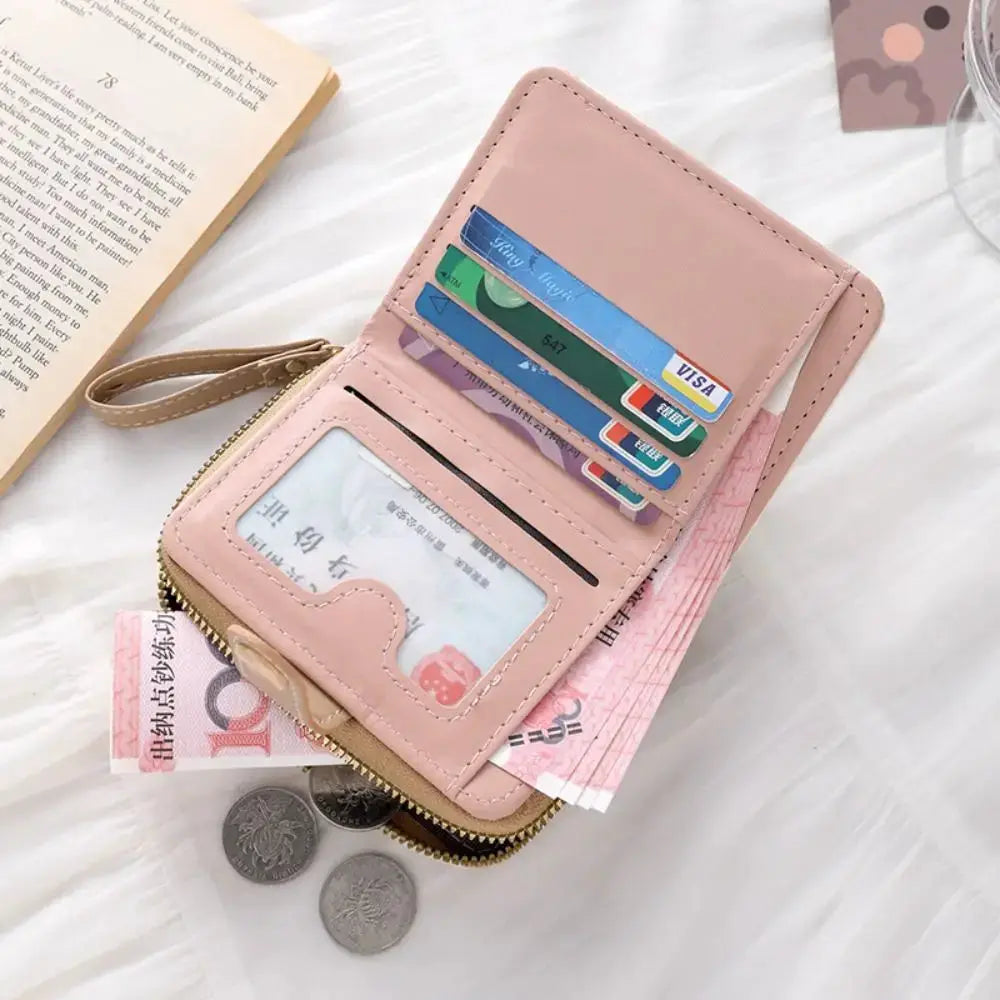 Cat coin purse by Simples Market; pink PU leather wallet with zipper, card slots and ID window.
