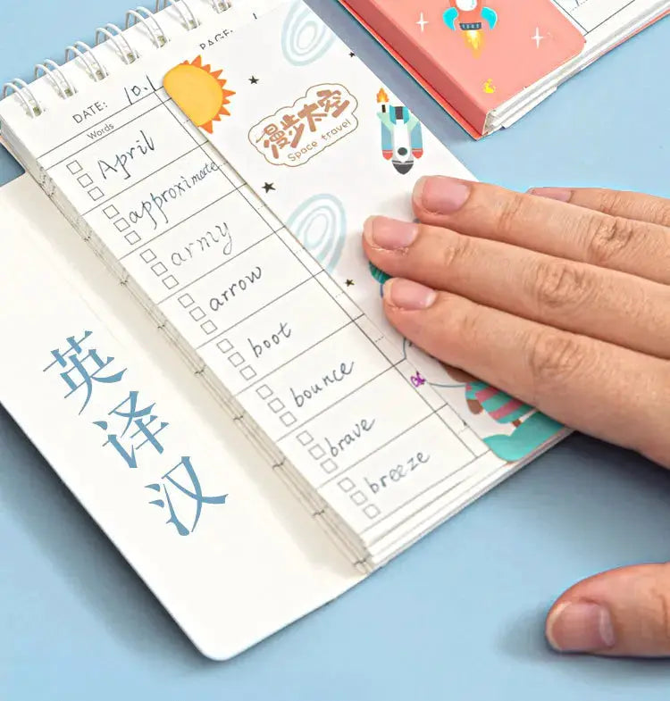 Cute English word notebook, spiral-bound with white cover; portable student planner and gel pens