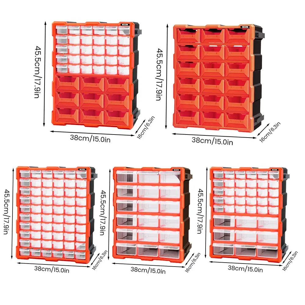 Simples Market AIRAJ 15-inch spliceable orange drawer storage box with clear bins, five configurations shown