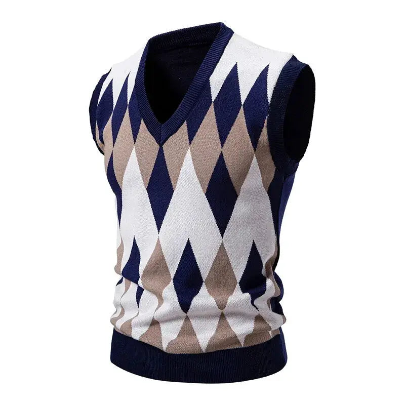 Men's argyle knit vest with V-neck, navy, cream and tan diamonds, sleeveless lightweight pullover