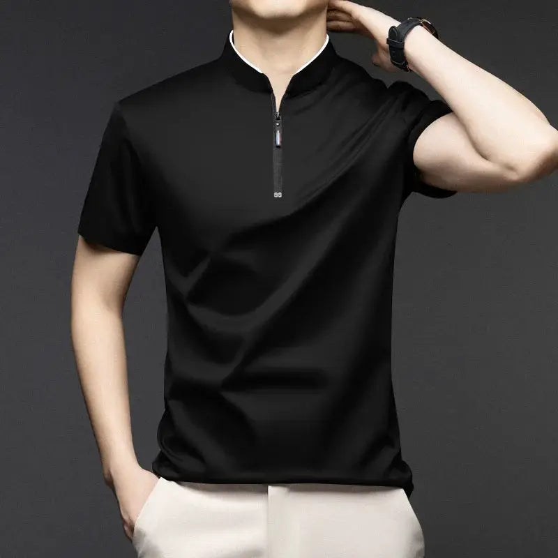 Men's black short-sleeve zip polo shirt by Simples Market with stand-up collar