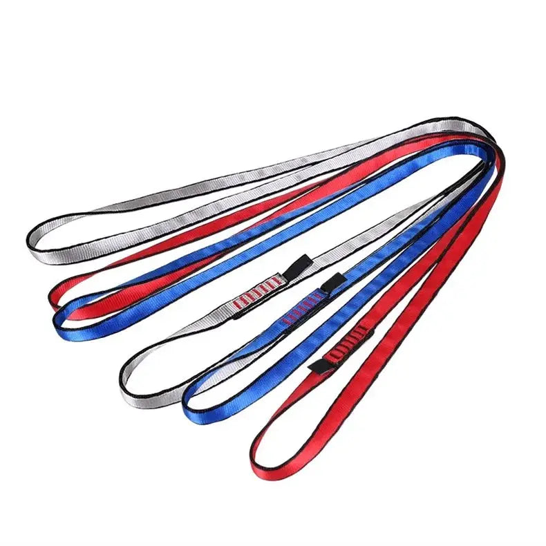 Simples Market rock climbing slings set; high-strength polyester straps in red, blue and gray.