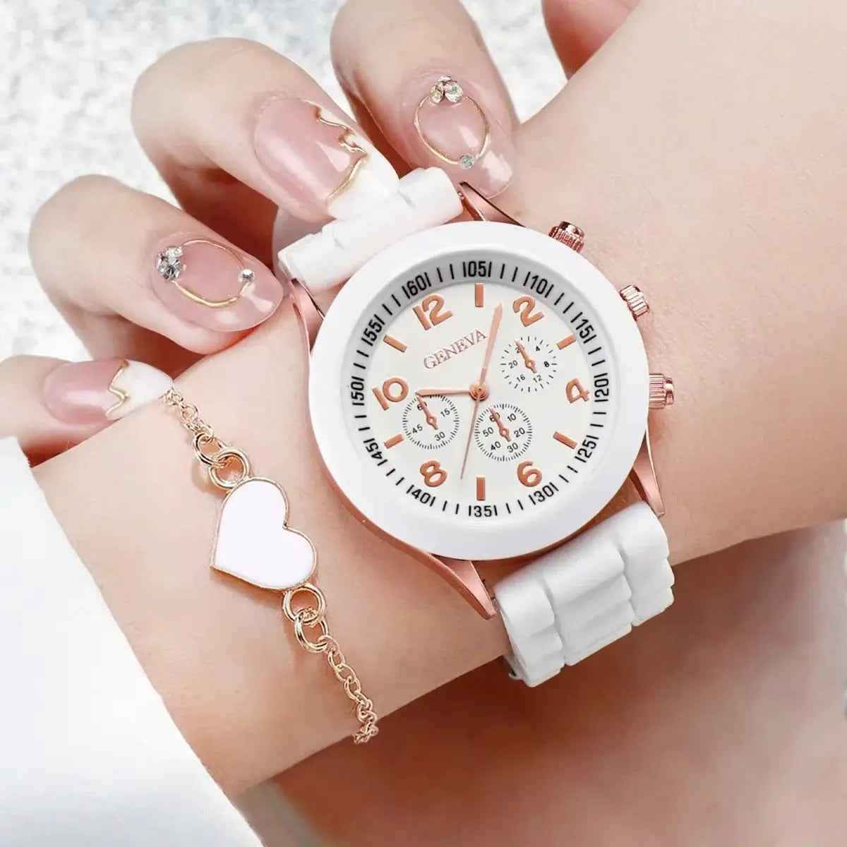 Simples Market 5/6-piece women’s fashion watch set with white silicone band and rose-gold case