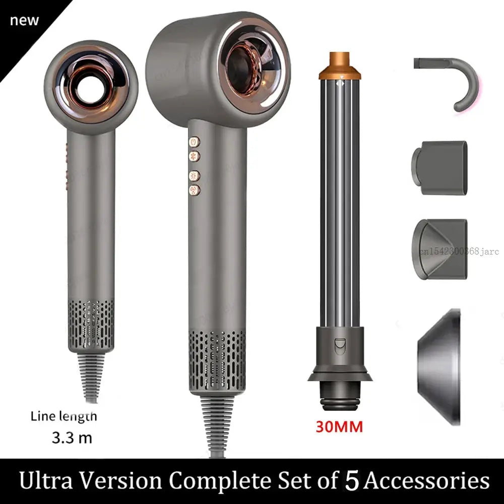 Simples Market Super Hair Dryer 220V leafless ionic dryer with 5 accessories, metallic gray finish and 30mm nozzle.