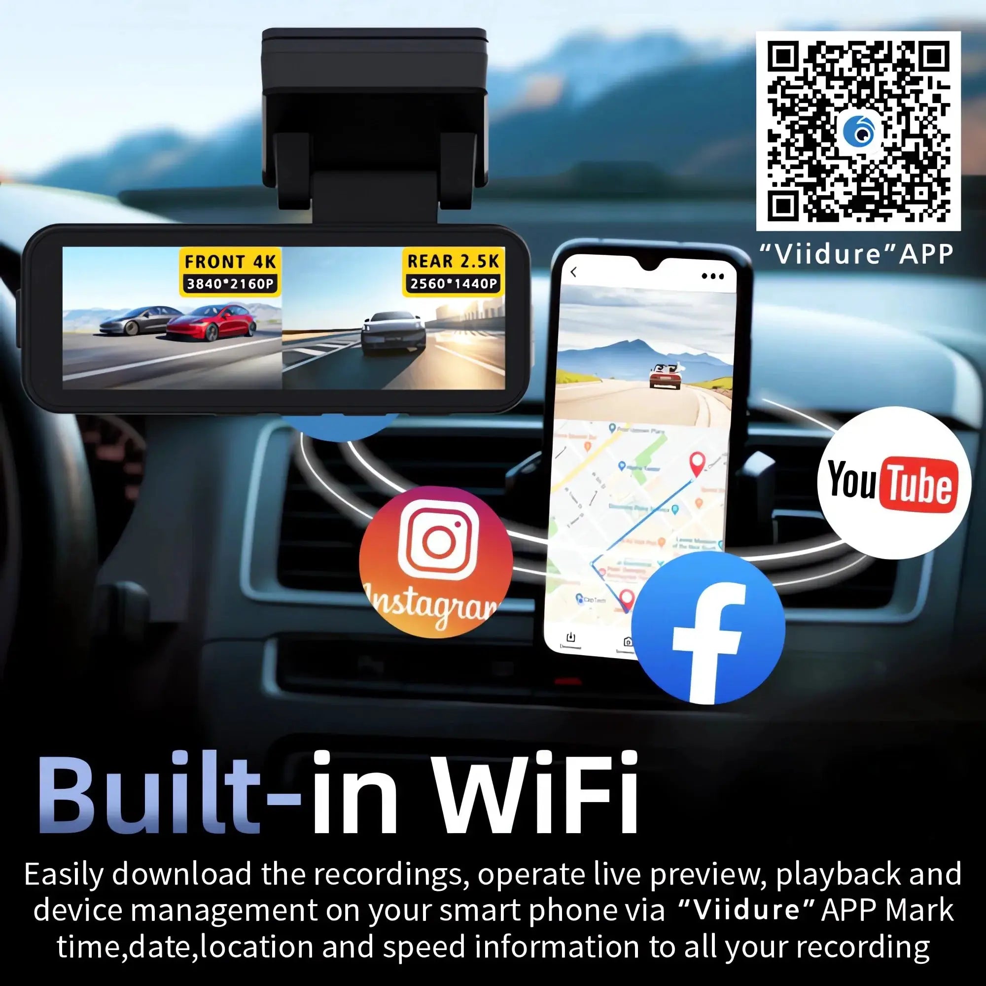 Simples Market dash cam dual-lens with front 4K and rear 2.5K, built-in Wi-Fi, GPS, black