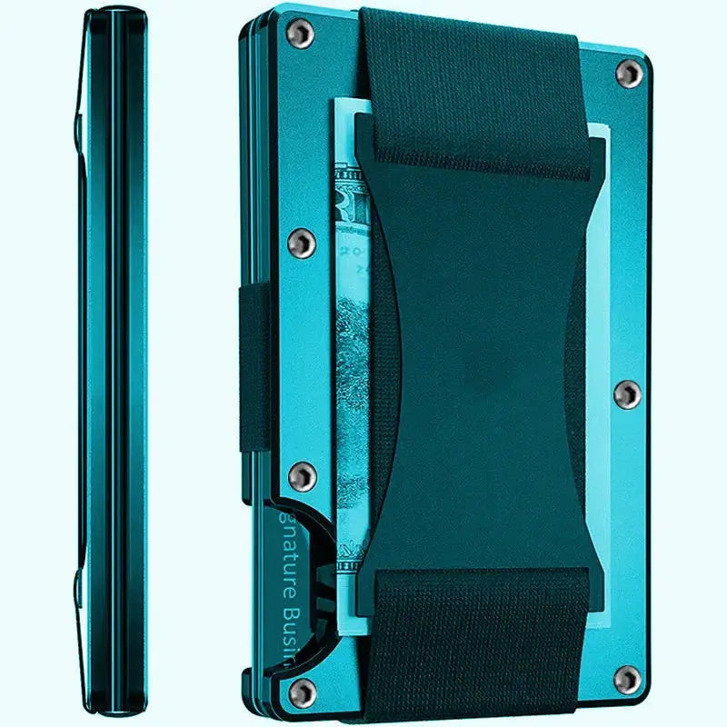Forged carbon fiber mini slim wallet case for men, teal blue metal with elastic strap