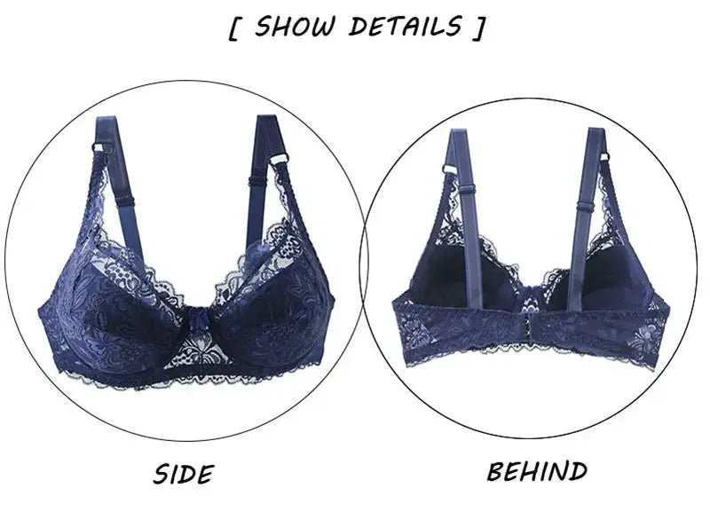 Simples Market navy lace push-up bra, adjustable straps; side and back views.