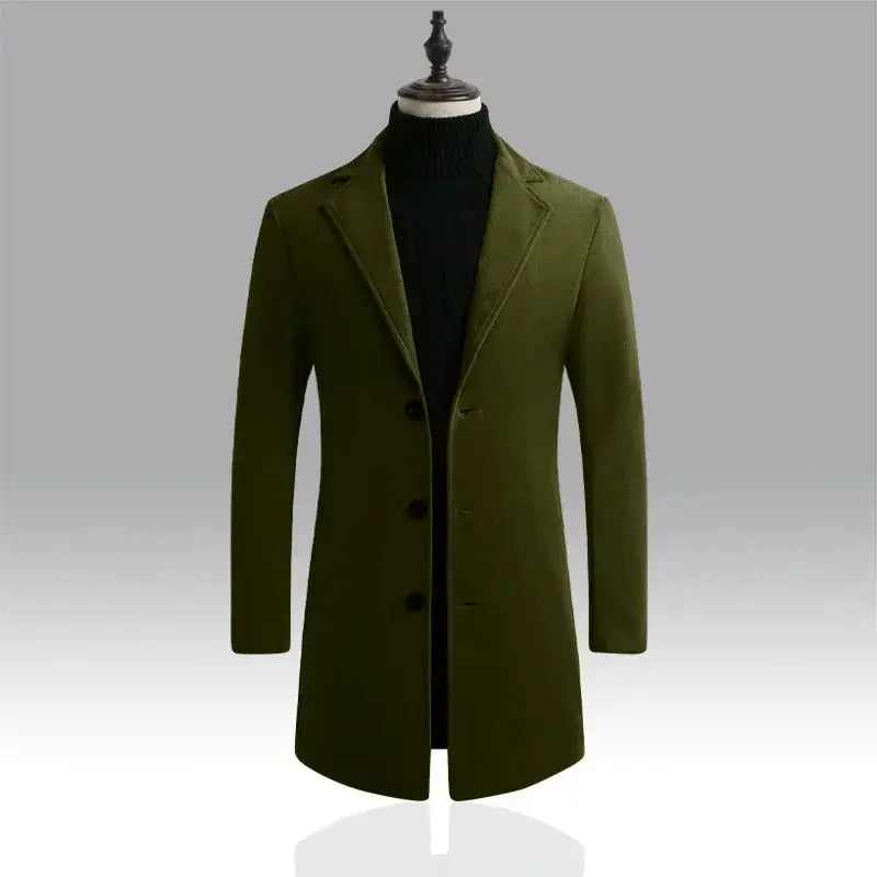 Men's olive-green wool-blend long coat by Simples Market, button-front, casual business style