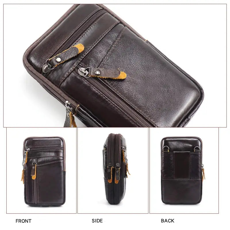 Men's genuine leather waist bag, brown crossbody phone pouch with multiple zipper pockets