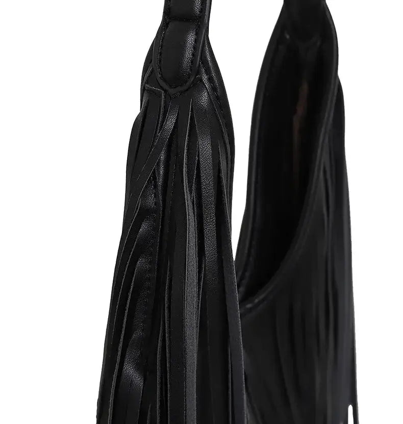 Black tassel handbag with long fringe, soft PU leather shoulder tote for women