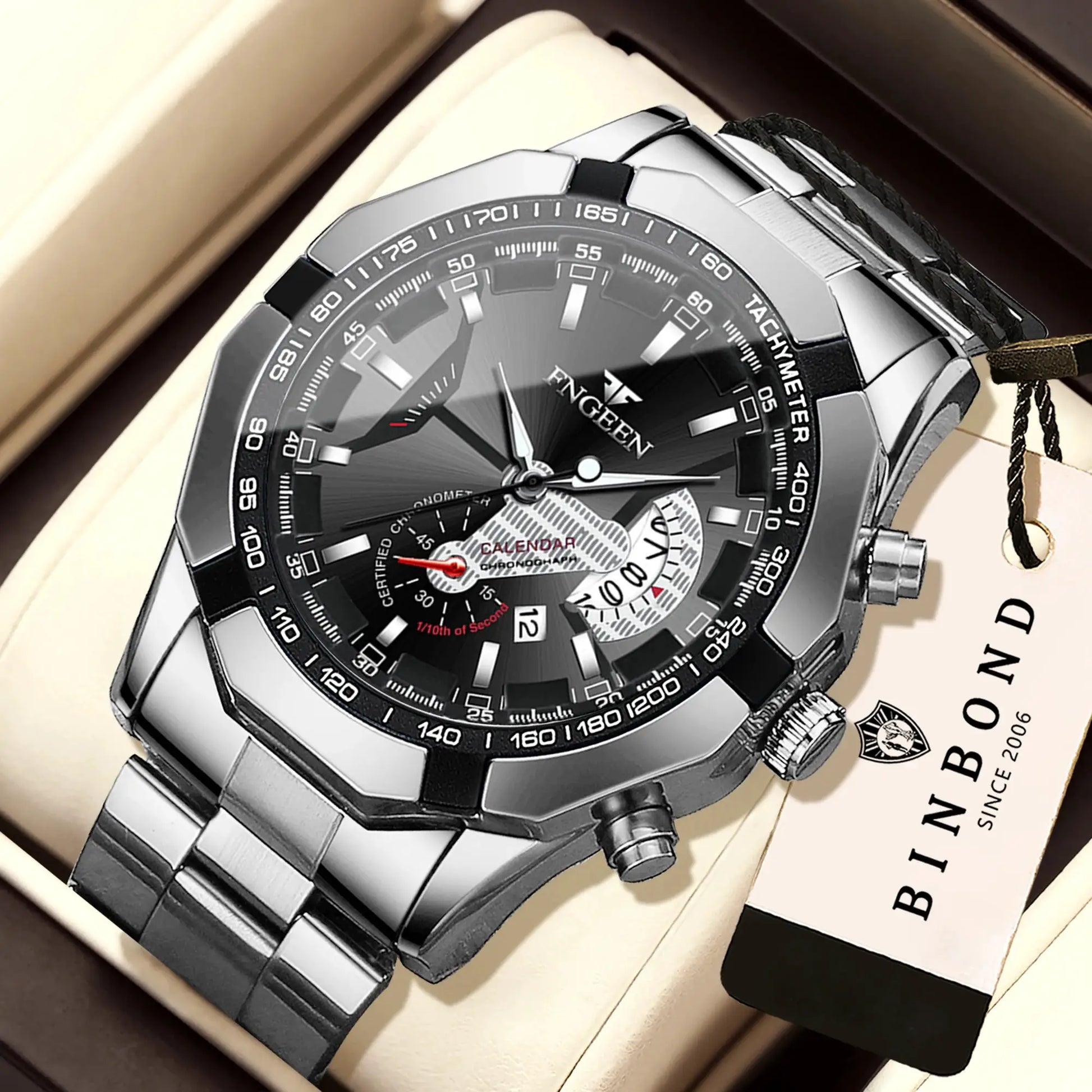 BINBOND original quartz men's wristwatch in stainless steel with black dial and tachymeter bezel