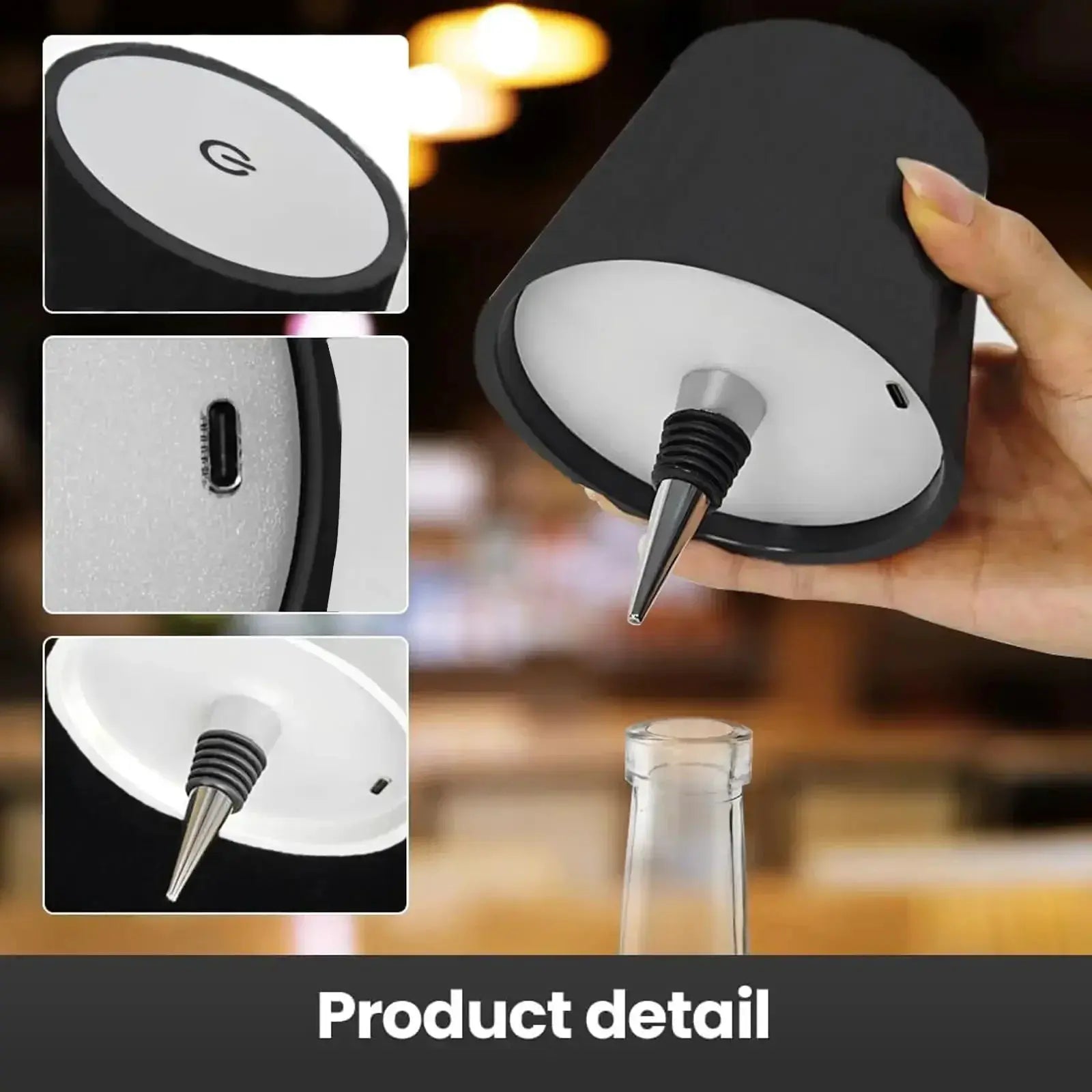 LED wireless wine bottle lamp by Simples Market, black cylindrical body with white base and USB-C charging port.