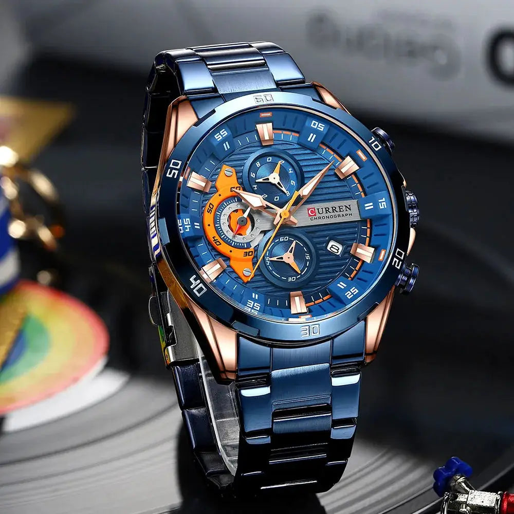 Curren 8402 men's stainless steel watch with blue dial and orange chronograph accents