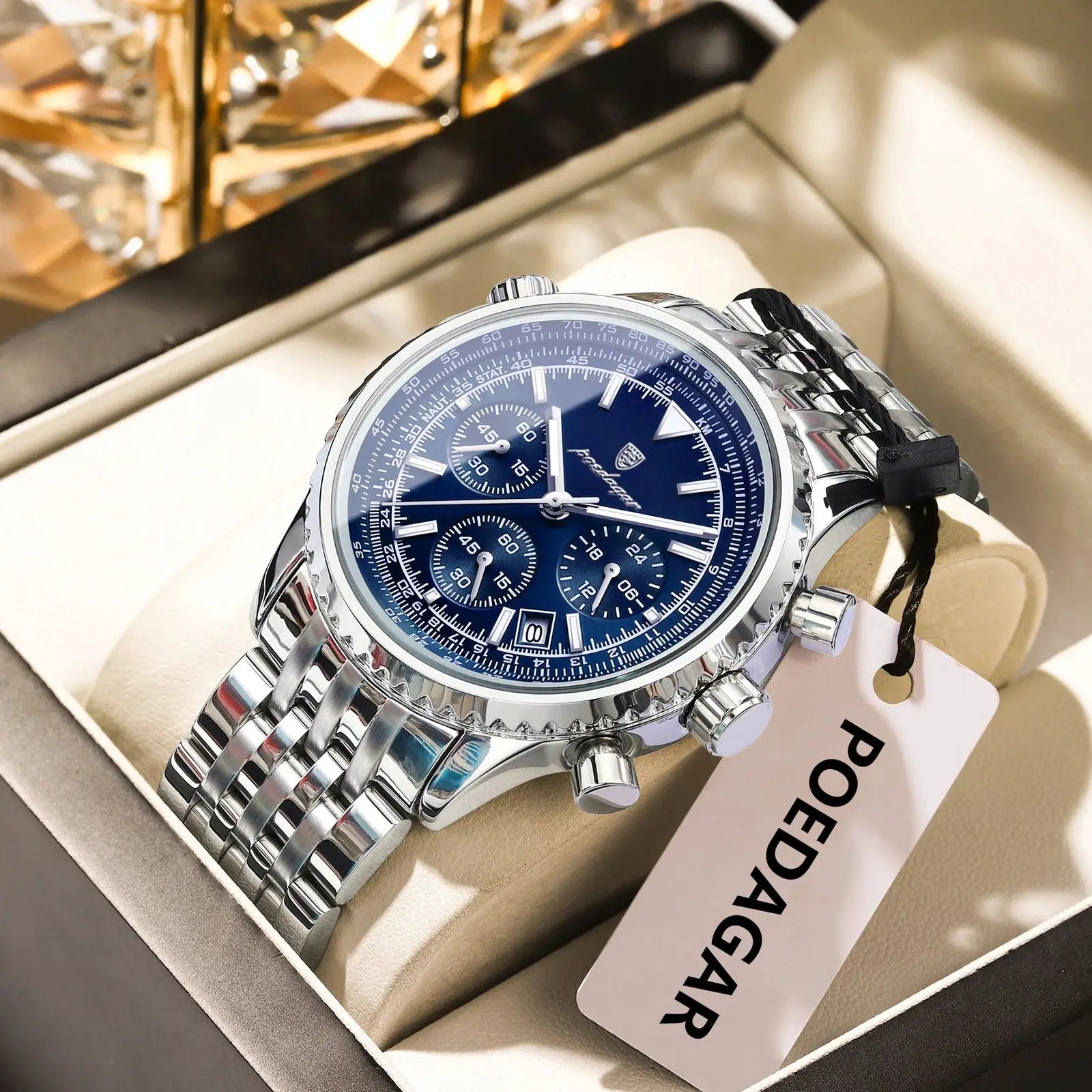 POEDAGAR men's stainless steel chronograph wristwatch with blue dial and date window