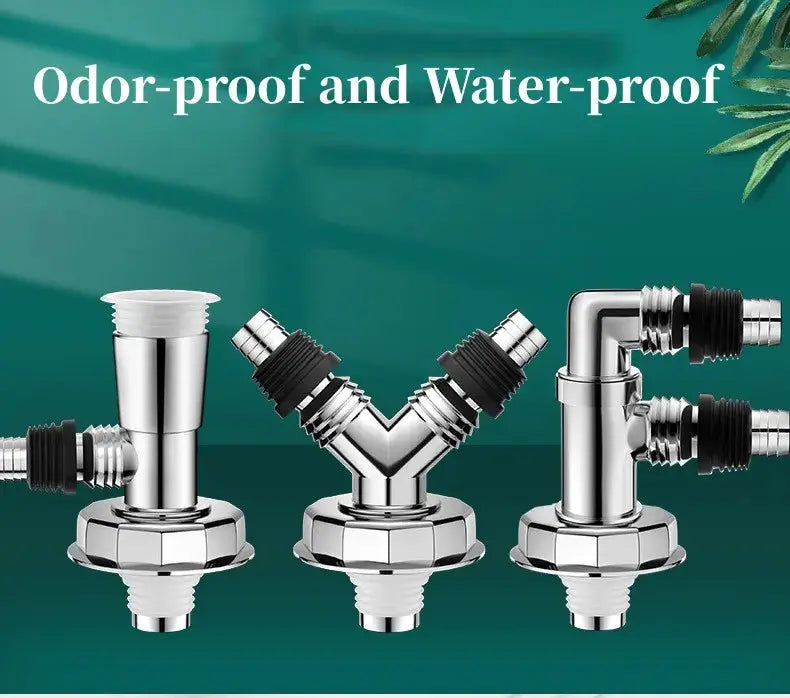 Simples Market chrome floor drain joint set; three double‑purpose pipe adapters with rubber seals