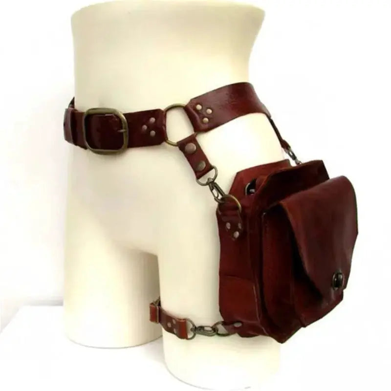 Punk retro PU waist bag with small square pouch in brown leather, metal buckles and attached strap.