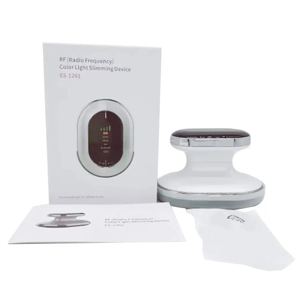 Cordless body slimming massager by Simples Market; white handheld device with chrome trim, shown with box and manuals