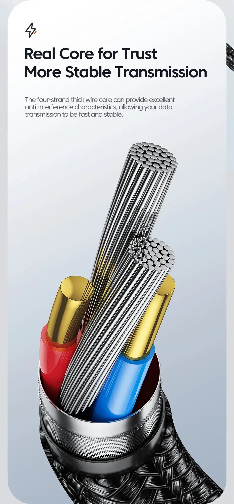 Toocki USB cable for iPhone with aluminum core; fast-charging data cord, close-up bundle of metal strands