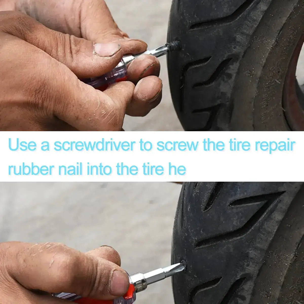 Simples Market tire repair tool with rubber plug being inserted into a car tire