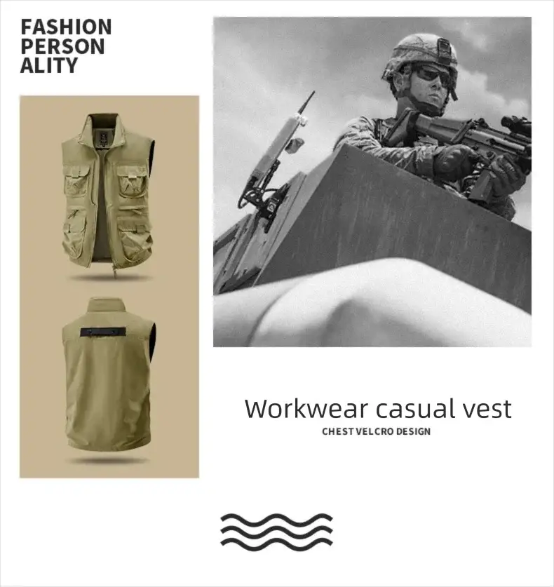 Men's outdoor multi-pocket vest; tan, two views front/back, breathable quick-dry fabric, vertical collar, large size.