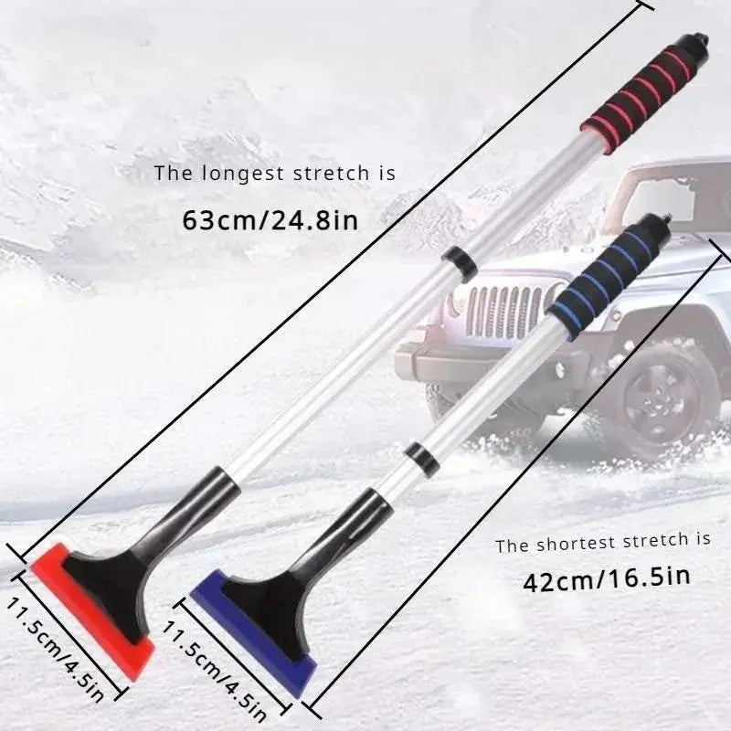 Extendable aluminum snow brush ice scraper for car windshield, extra-long design; 2-pack with red and blue heads.
