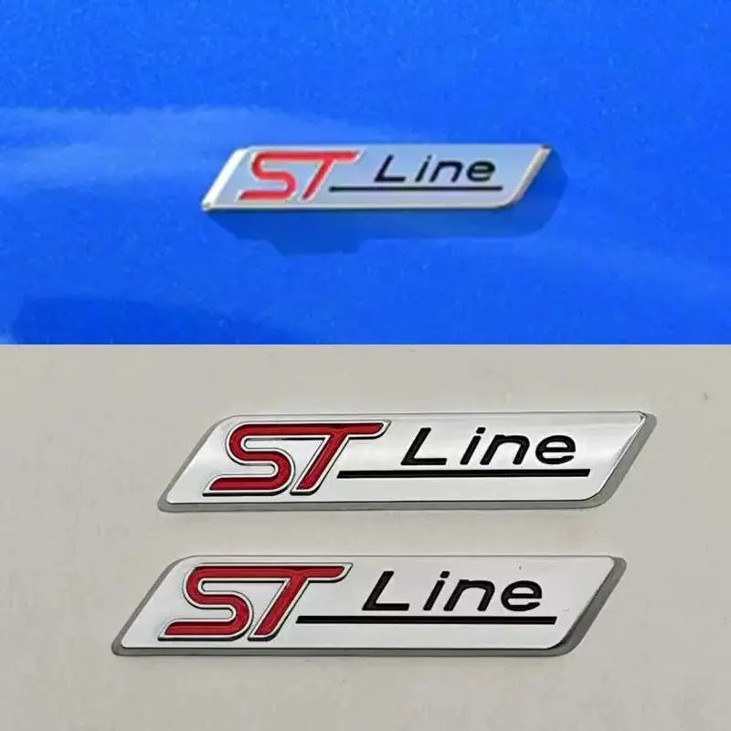 ST Line 3D metal rear badge emblems; three badges in set, red ST, black Line on silver plates for Ford Focus Fiesta Mondeo.