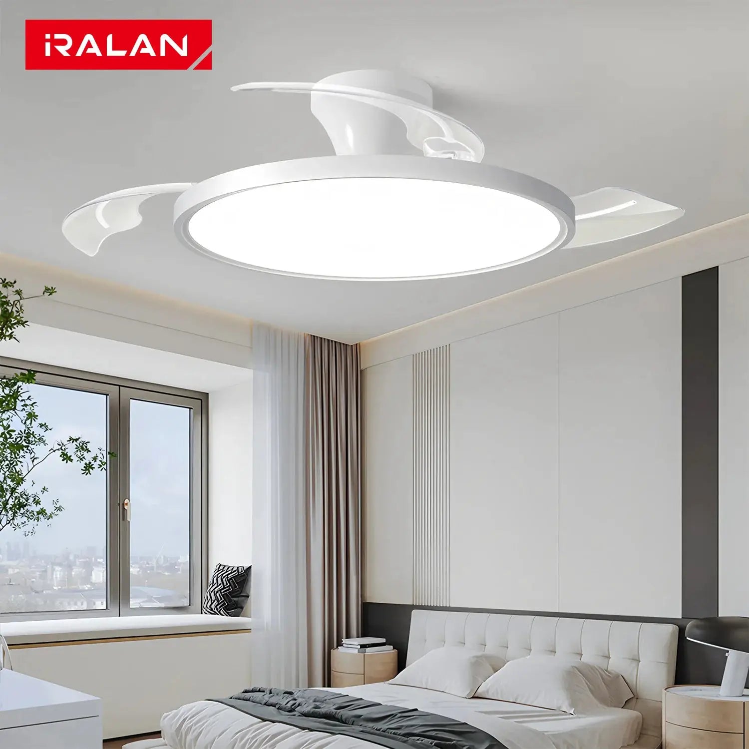 IRALAN invisible ceiling fan with LED light, white finish, DC motor, remote control.
