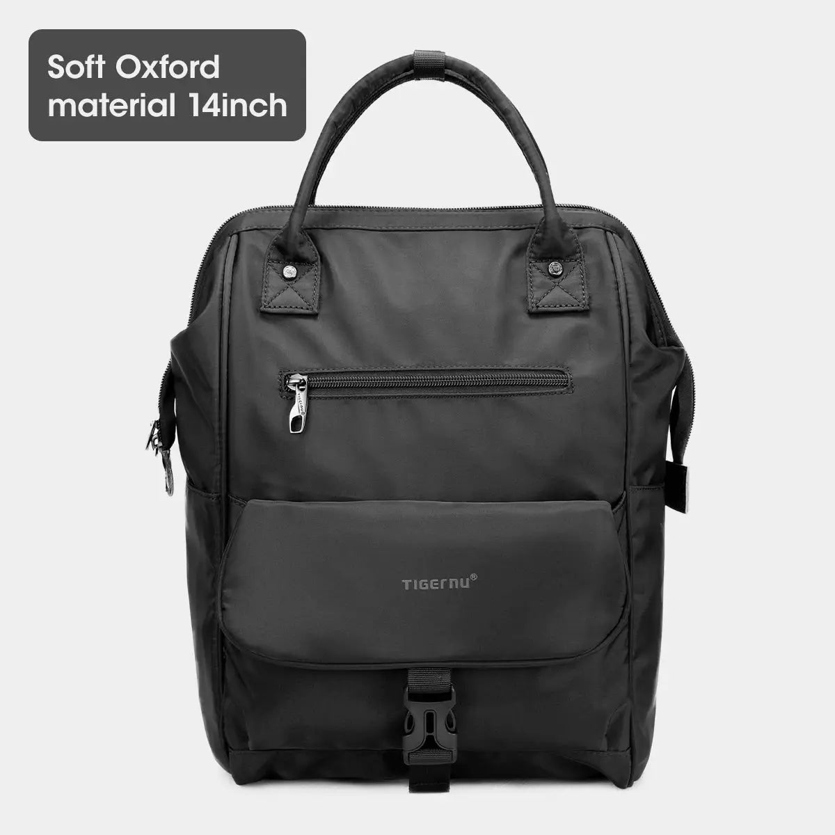 Tigernu black 14-inch ladies' casual backpack in soft Oxford material with front zip pocket