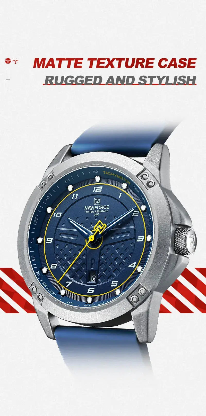 NAVIFORCE men's blue dial quartz wristwatch with blue silicone strap, water resistant, luminous hands.