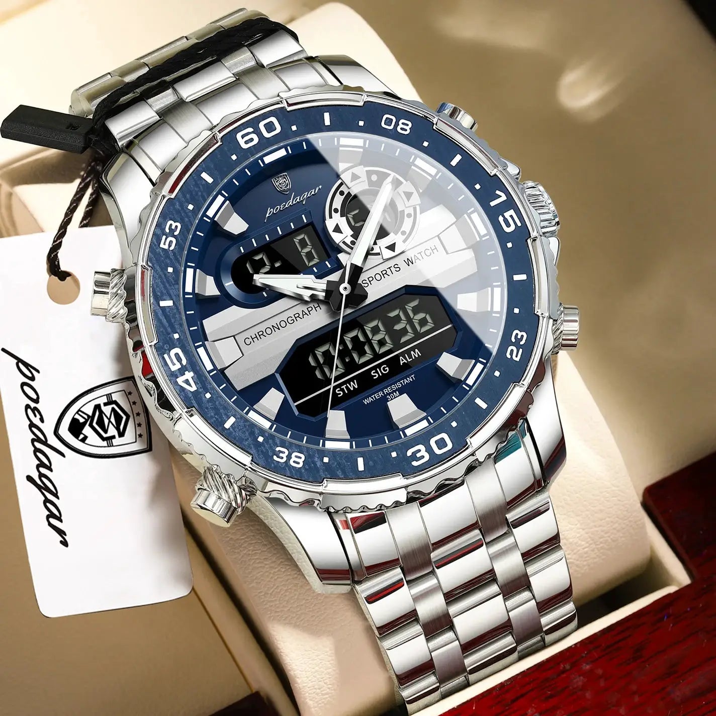 POEDAGAR stainless steel sports watch with blue dial, dual analog-digital display and LED backlight