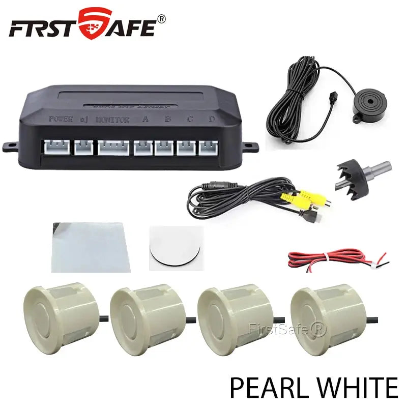 FirstSafe pearl white 4-sensor car rear radar and monitor system with control box and wiring harness